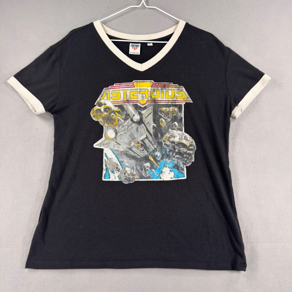 Junk Food Asteroids Atari Arcade Graphic Ringer Tee Black V-Neck Shirt Large